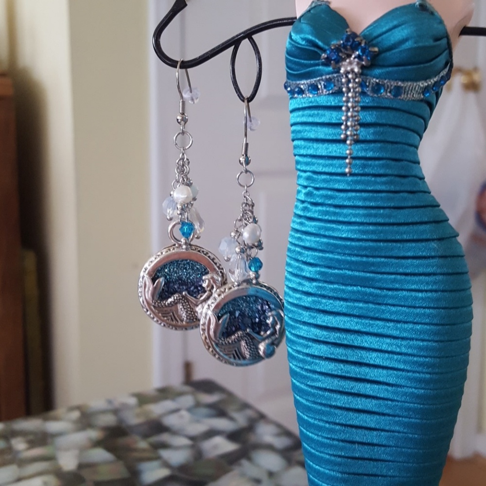 Blue druzy Mermaid Dangle drop Earrings Hypoallergenic Stainless Steel J Hooks